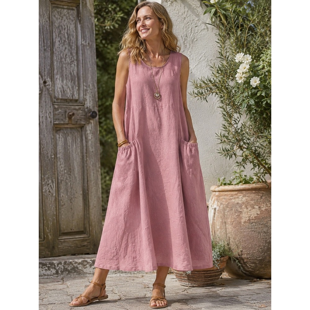 Lintico Pink 100% Linen Sleeveless Maxi Dress with Pockets Womens XL Rose A-Line